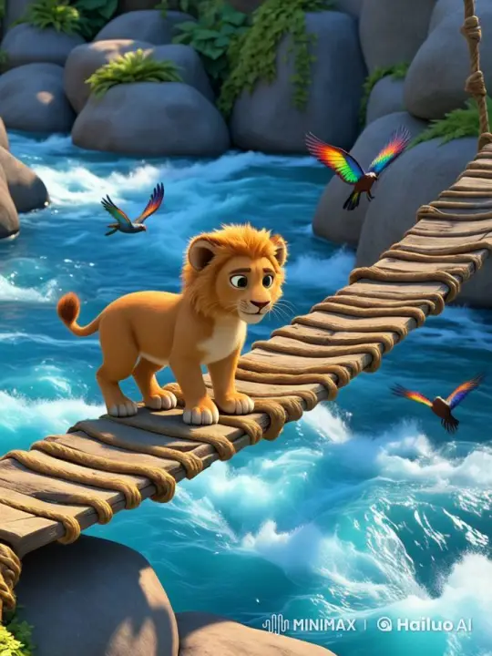 Animated Lion Explores Vibrant Jungle Bridge – AI Generated Video | Hailuo AI