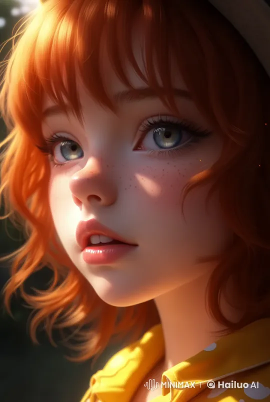 Close-up of a Gentle Smile on a Young Woman with Orange Hair – AI Generated Video | Hailuo AI