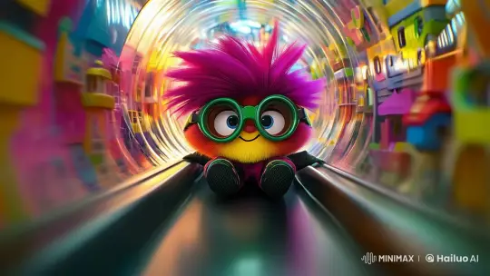 Fluffy Character Joyfully Slides in Psychedelic Tube – AI Generated Video | Hailuo AI
