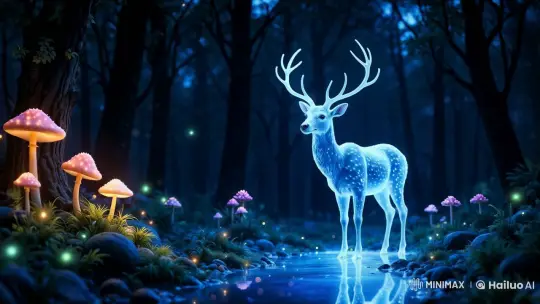Glowing Deer in Mystical Forest Stream Setting – AI Generated Video | Hailuo AI