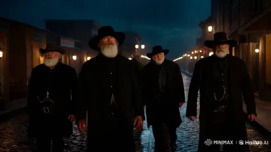 Mafia Cowboys Walk Through Rainy Old Western Town – AI Generated Video | Hailuo AI