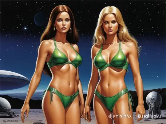 Futuristic Dance on Lunar Landscape with Green Bikini Women – AI Generated Video | Hailuo AI
