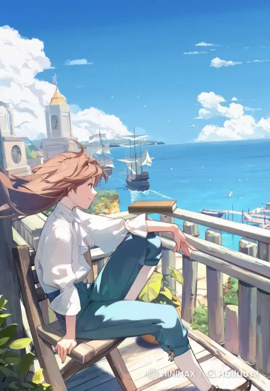 Coastal Town Serenity: Young Individual on Balcony – AI Generated Video | Hailuo AI