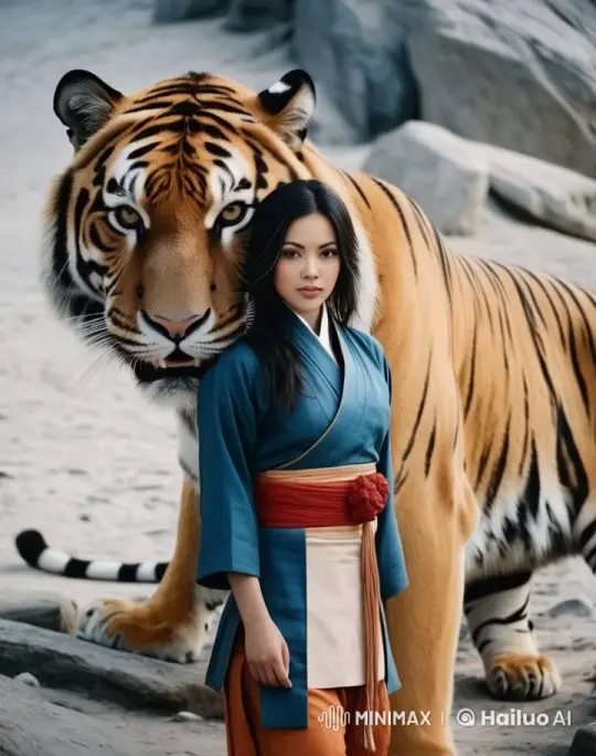 Woman and Giant Tiger Walk Through Live2D Landscape – AI Generated Video | Hailuo AI