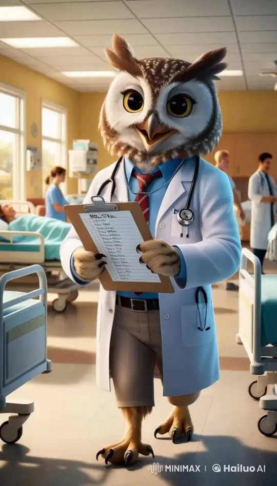 Animated Owl Doctor in a Lively Hospital Setting – AI Generated Video | Hailuo AI