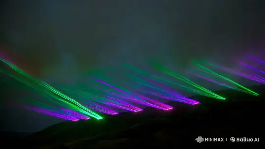 Laser Lights Pierce Dark Clouds in Nocturnal Landscape – AI Generated Video | Hailuo AI