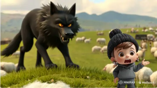 Tension Builds as Wolf Stalks, Child Warns Amidst Pastoral Calm – AI Generated Video | Hailuo AI