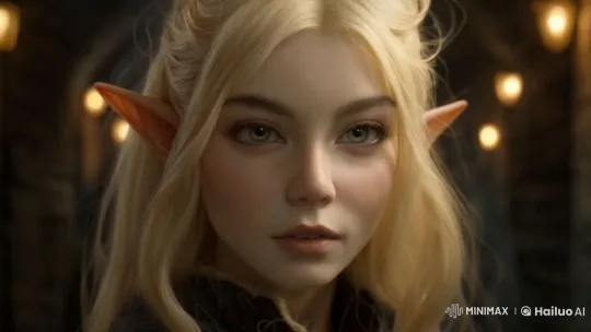 Blonde Elf Expresses Gentle Joy in Stone Corridor – AI Generated Video | Hailuo AI