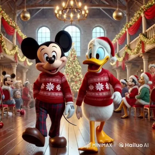 Mickey and Donald Celebrate Christmas in Festive Sweaters – AI Generated Video | Hailuo AI