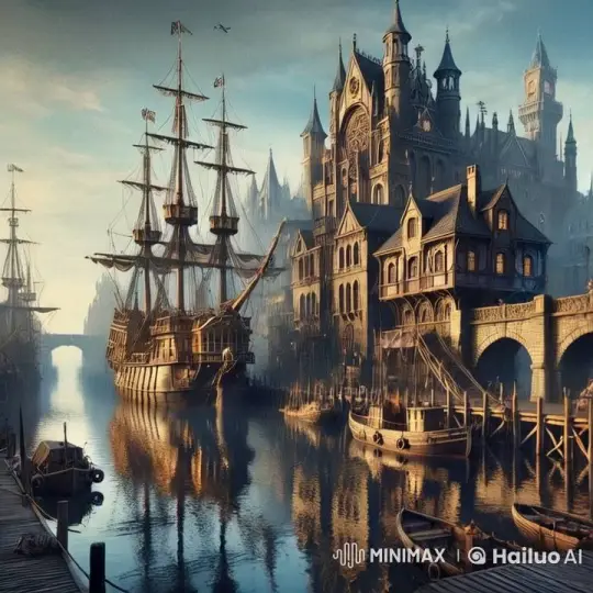 Historic Galleon Arrives at Bustling Harbor Town – AI Generated Video | Hailuo AI