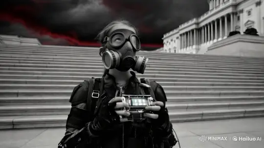 Teen Girl in Gas Mask on Capitol Steps Amidst Dystopian Storm – AI Generated Video | Hailuo AI