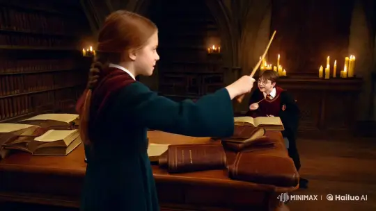 Hermione Conjures Phoenix in Hogwarts Library – AI Generated Video | Hailuo AI