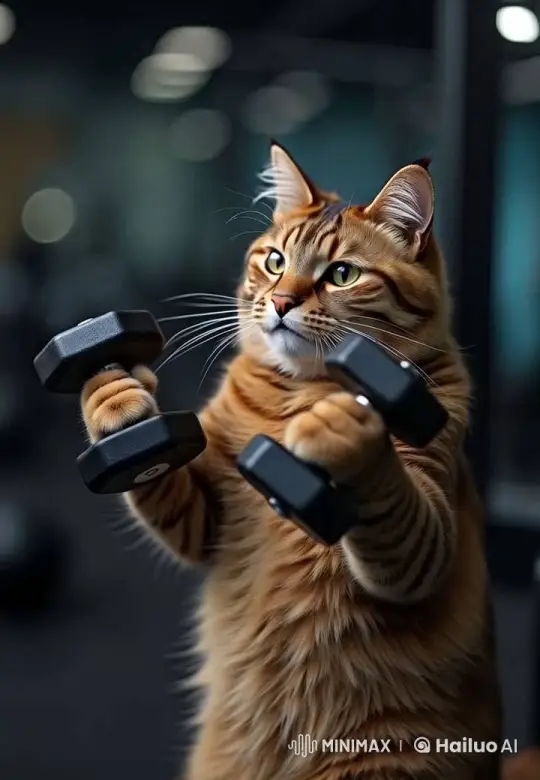 Cat Mimics Weightlifting in Amusing Fitness Video – AI Generated Video | Hailuo AI