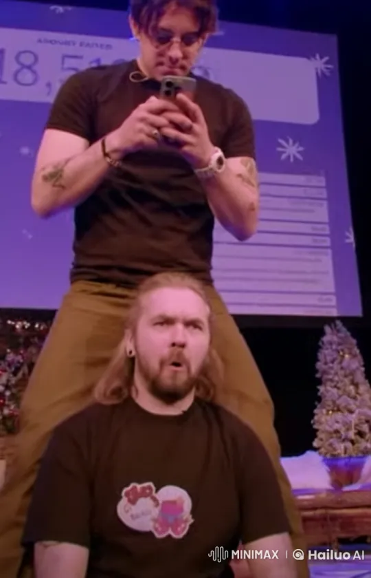 Festive Duo Interact with Phone Amid Snowy Animation – AI Generated Video | Hailuo AI