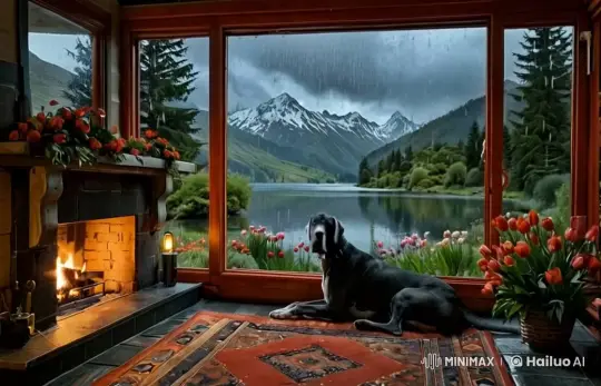 Cozy Lakeside Cabin with Fireplace and Sleeping Great Dane – AI Generated Video | Hailuo AI