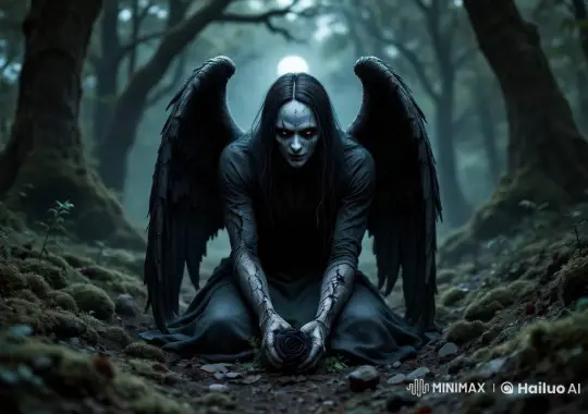 Eerie Figure in Dim Forest Clearing with Black Rose – AI Generated Video | Hailuo AI