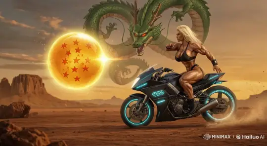 Futuristic Biker Confronts Ancient Dragon in Desert Sunset – AI Generated Video | Hailuo AI