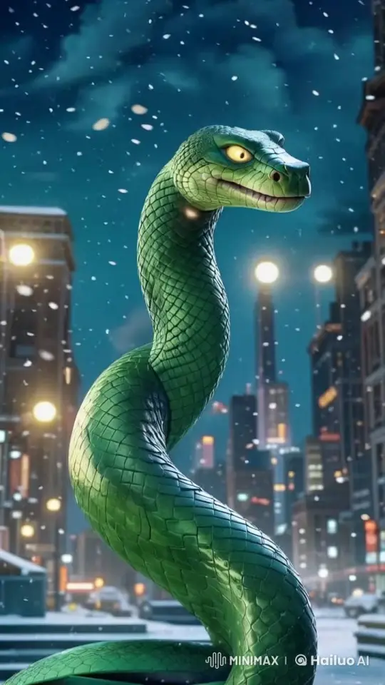 Mysterious Snake in Snowy Cityscape – AI Generated Video | Hailuo AI