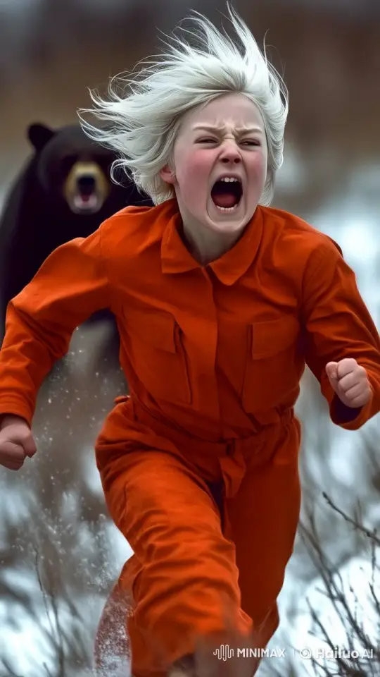Girl Fleeing Bear in Snowy Landscape Chase Scene – AI Generated Video | Hailuo AI