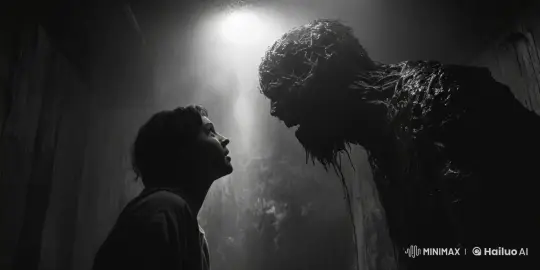 Creature Encounter: Height Disparity and Suspenseful Atmosphere – AI Generated Video | Hailuo AI