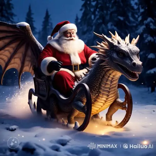 Santa Claus Rides a Dragon Sleigh in a Snowy Night Flight – AI Generated Video | Hailuo AI