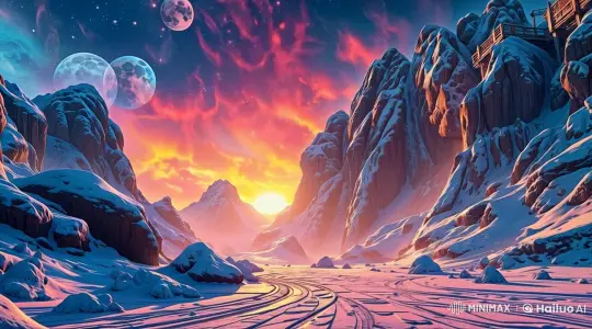 Enchanted Snowy Landscape with Dual Moons at Twilight – AI Generated Video | Hailuo AI