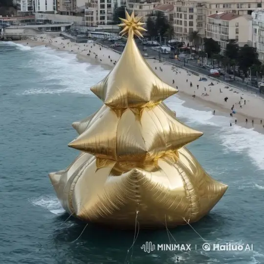 Golden Inflatable Christmas Tree Bobs in Coastal City's Ocean – AI Generated Video | Hailuo AI