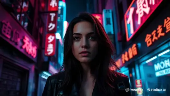 Neon-Lit Alley: Nighttime Cinematic Scene – AI Generated Video | Hailuo AI