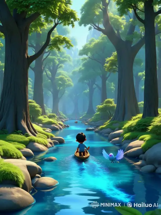 Child's Serene River Journey in Enchanted Forest – AI Generated Video | Hailuo AI