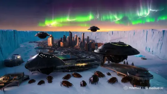 Alien Invasion Over Antarctic City at Dusk – AI Generated Video | Hailuo AI