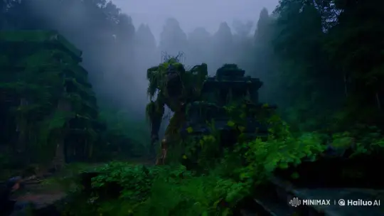 Ancient Mechanical Creature in Foggy Forest Temple Ruins – AI Generated Video | Hailuo AI