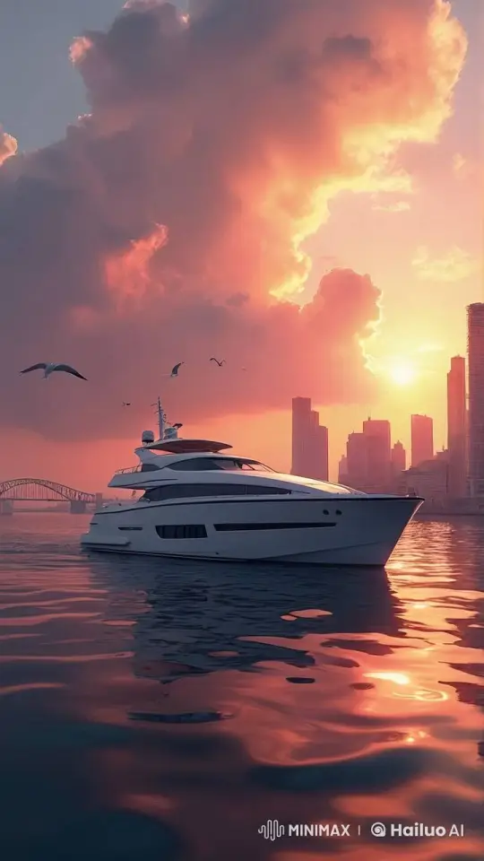 Luxurious Yacht Sailing in Colorful Sunset Over Tranquil Waters – AI Generated Video | Hailuo AI