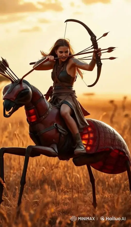 Fierce Huntress on Giant Ant in Savannah Sunset – AI Generated Video | Hailuo AI