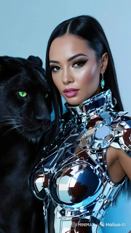Futuristic Woman and Panther in Chrome Armor Portrait – AI Generated Video | Hailuo AI