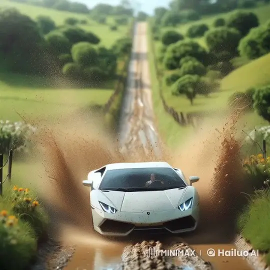 White Sports Car Speeds Through Countryside in Dramatic Mud Spray – AI Generated Video | Hailuo AI