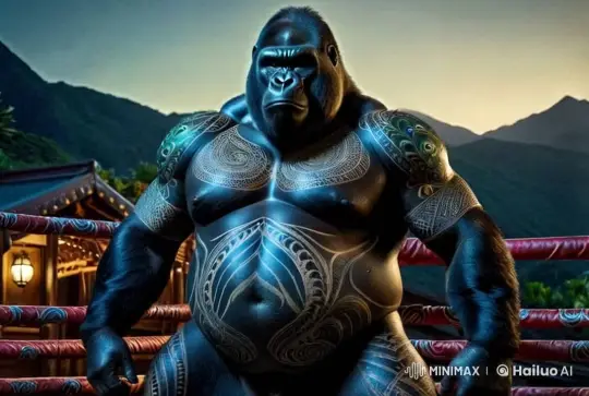 Black Gorilla in Mountainous Boxing Ring with Cultural Touch – AI Generated Video | Hailuo AI