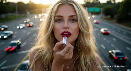 Highway Background: Woman's Lipstick Application – AI Generated Video | Hailuo AI