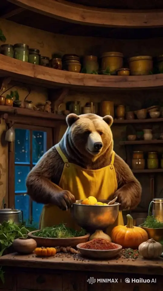 Wise Bear Chef Prepares Enchanted Squash Delicacy – AI Generated Video | Hailuo AI