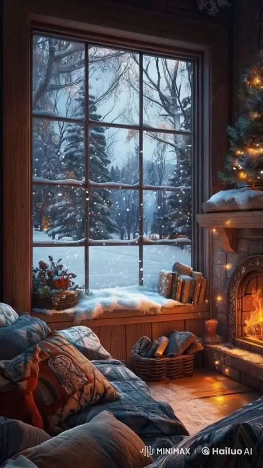 Cozy Cabin Winter Scene with Fireplace and Snowfall – AI Generated Video | Hailuo AI