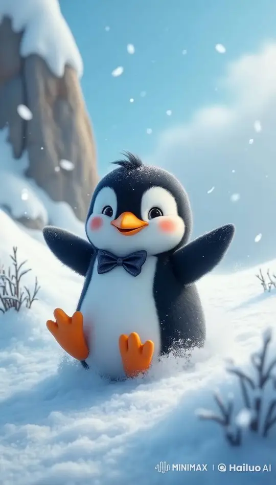Joyful Penguin Slides Through Winter Wonderland – AI Generated Video | Hailuo AI