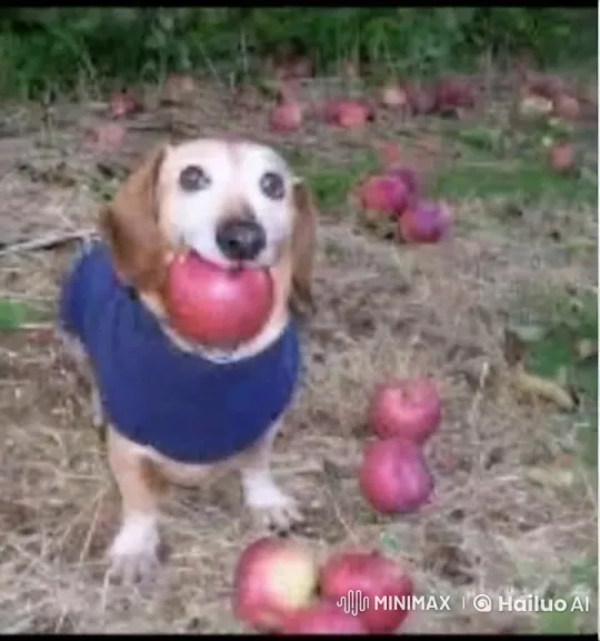 Dog in Orchard with Exploding Apple and Tiny Shrek Figures – AI Generated Video | Hailuo AI