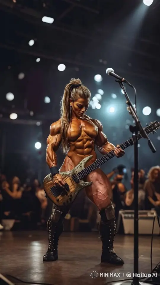 Asian Female Bodybuilder Plays Bass on Stage – AI Generated Video | Hailuo AI