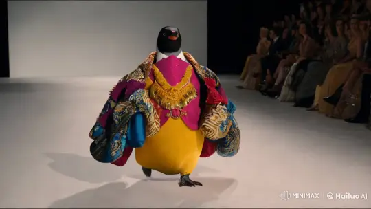 Penguin Struts in High Fashion on Minimalist Catwalk – AI Generated Video | Hailuo AI