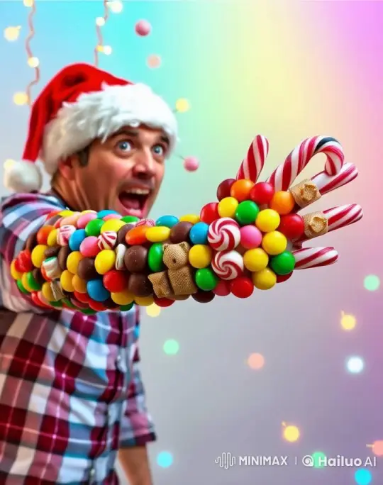 Man's Arm Turns into Candy Array in Festive Live2D Video – AI Generated Video | Hailuo AI