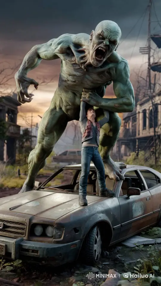 Monster Throws Human, Roars at Camera in Post-Apocalyptic Scene – AI Generated Video | Hailuo AI
