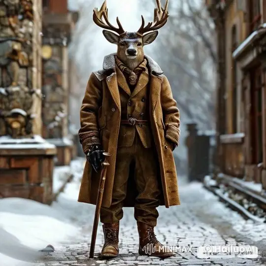 Anthropomorphic Deer in Elegant Suit Stands in Snowy Town – AI Generated Video | Hailuo AI