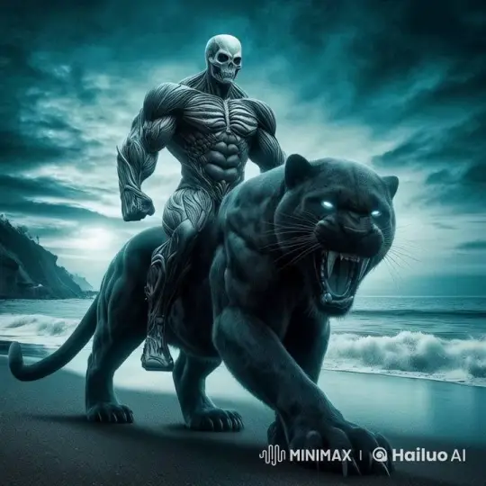 Monstrous Rider and Panther on Dark Shoreline – AI Generated Video | Hailuo AI