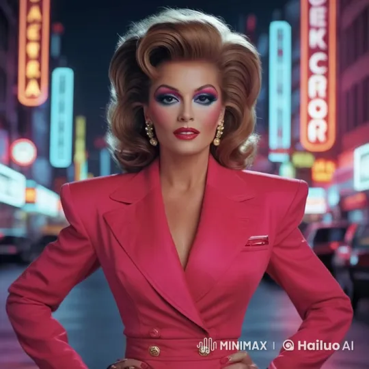 Confident Woman in Red Suit on Neon City Street – AI Generated Video | Hailuo AI