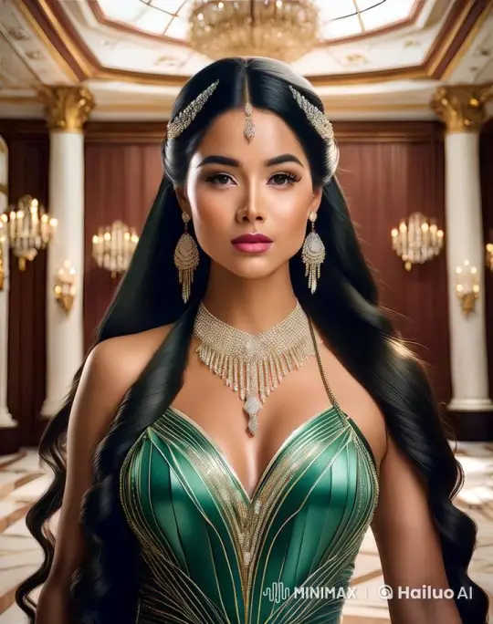 Elegant Woman in Grand Hall with Opulent Gown and Jewelry – AI Generated Video | Hailuo AI