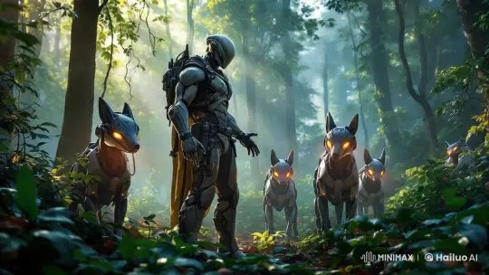 Futuristic Armored Leader and Robotic Dogs in Verdant Forest – AI Generated Video | Hailuo AI